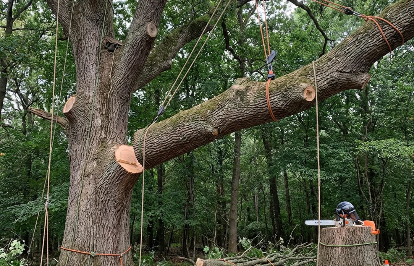 Rigging used for controlled tree removal in a limited-access yard